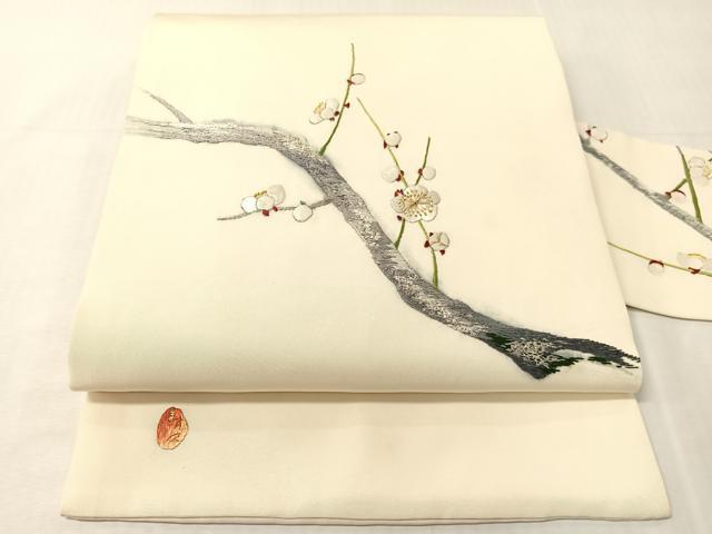 平和屋着物●中国三大刺繍 相良刺繍 総刺繍 塩瀬 九寸名古屋帯 作家物 枝梅文 金銀糸 正絹 逸品 CABJ0577vp