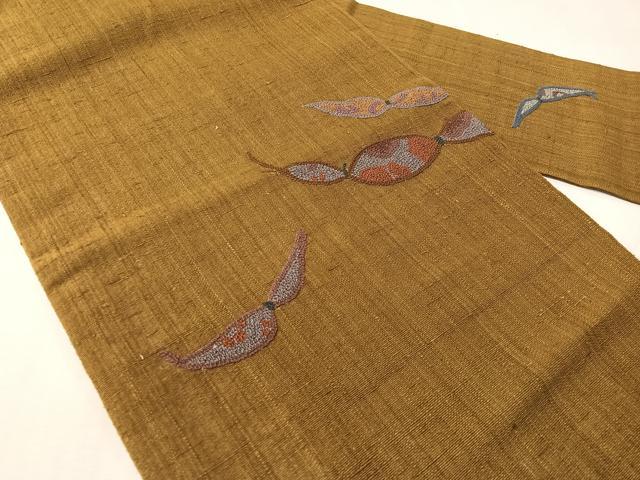 平和屋着物●中国三大刺繍 総相良刺繍 九寸名古屋帯 紬地 成り物 桑染色 正絹 逸品 CABJ0584vp