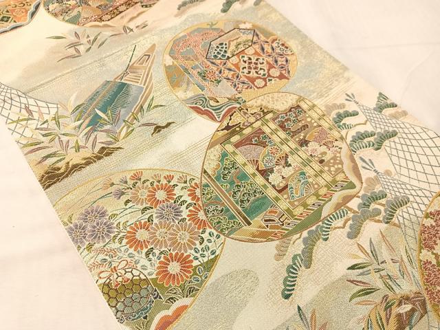 平和屋着物●六通柄袋帯 歌絵物語 須磨夢浮橋 鈴虫明石紅葉賀 金糸 正絹 逸品 CABJ0586vp
