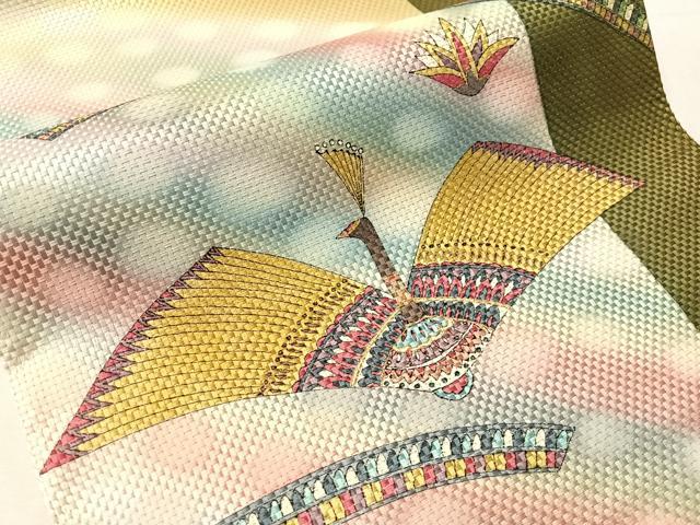 平和屋着物●太鼓柄袋帯 作家物 孔雀花文 金通し地 正絹 逸品 未使用 CABJ0602vp