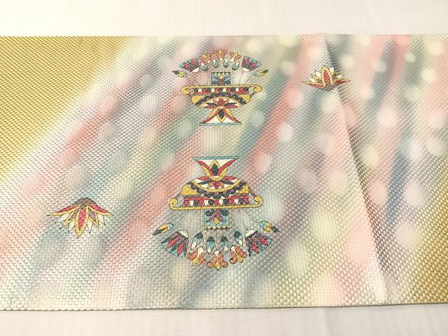 平和屋着物●太鼓柄袋帯 作家物 孔雀花文 金通し地 正絹 逸品 未使用 CABJ0602vp