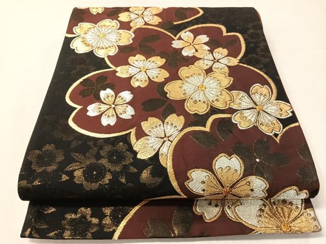 平和屋着物●六通柄袋帯 舞桜 黒地 金銀糸 正絹 逸品 CABJ0612vp