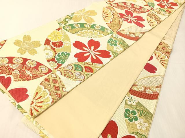 平和屋着物●六通柄袋帯 唐織 七宝花文 金糸 正絹 逸品 CABJ0616vp