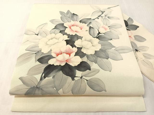 平和屋着物●塩瀬 九寸名古屋帯 作家物 手描き 枝花文 正絹 逸品 CABJ0620vp