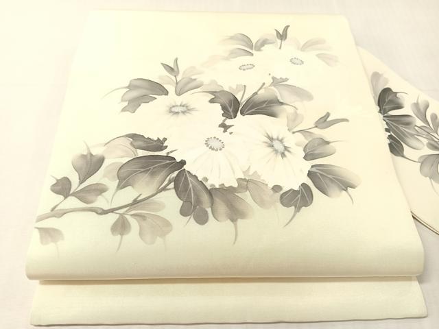 平和屋着物●塩瀬 九寸名古屋帯 手描き 紫峰 枝菊 正絹 逸品 CABJ0621vp