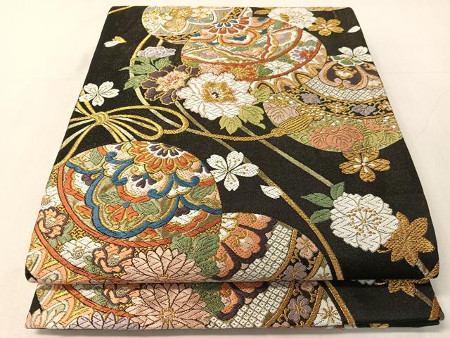 平和屋着物●六通柄袋帯 唐織 花毬文 黒地 金糸 正絹 逸品 CABJ0628vp