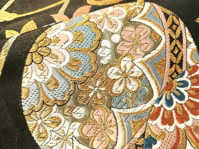 平和屋着物●六通柄袋帯 唐織 花毬文 黒地 金糸 正絹 逸品 CABJ0628vp