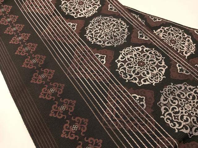 平和屋着物●本場筑前博多織 八寸名古屋帯 正倉院花間道 黒地 正絹 逸品 CABJ0640vp