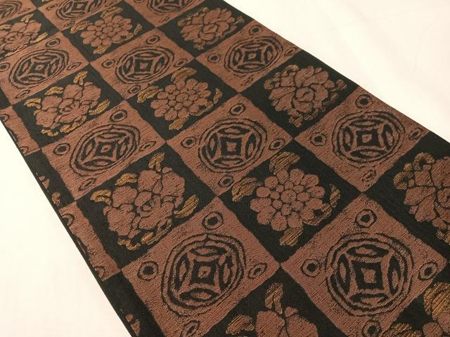 平和屋着物●西陣 勝山織物 六通柄袋帯 市松七宝花文 黒地 金銀糸 正絹 逸品 CABJ0648vp