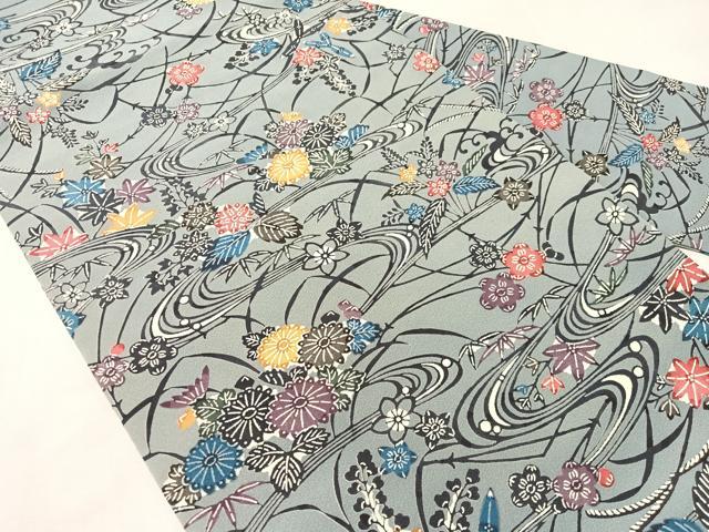 平和屋着物●全通柄 九寸名古屋帯 紅型 流水花文 正絹 逸品 CABJ0654vp