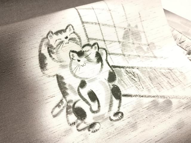 平和屋着物●九寸名古屋帯 洛楽人 手描き 紬地 猫 鈴乃屋扱い 正絹 逸品 CABJ0661vp