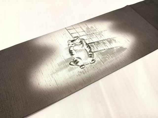 平和屋着物●九寸名古屋帯 洛楽人 手描き 紬地 猫 鈴乃屋扱い 正絹 逸品 CABJ0661vp
