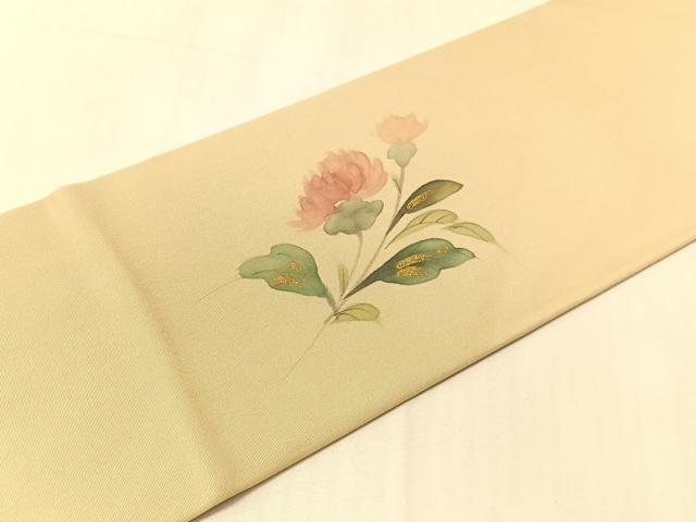 平和屋着物●塩瀬 九寸名古屋帯 作家物 手描き 草花文 金彩 正絹 逸品 CABJ0663vp
