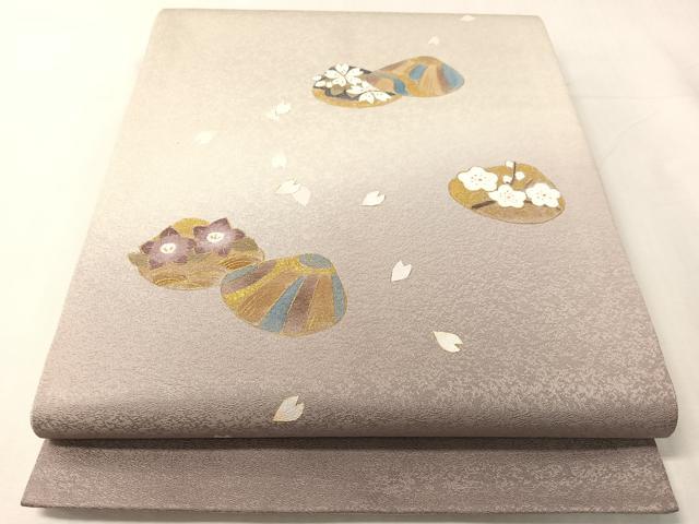 平和屋着物●渡辺空海子 太鼓柄袋帯 貝合わせ花文 銀通し地 正絹 逸品 CABJ0665vp