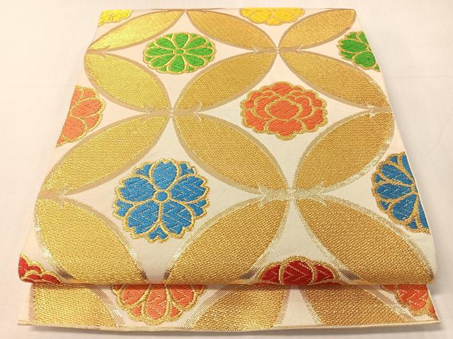 平和屋着物●西陣 川島織物 全通柄 本袋帯 唐織 七宝花文 金糸 正絹 逸品 CABJ0668vp