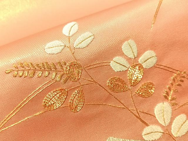 平和屋着物●太鼓柄袋帯 駒刺繍 草花文 金彩 正絹 逸品 CABJ0688vp