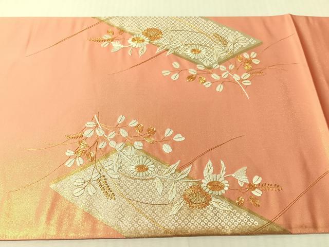 平和屋着物●太鼓柄袋帯 駒刺繍 草花文 金彩 正絹 逸品 CABJ0688vp