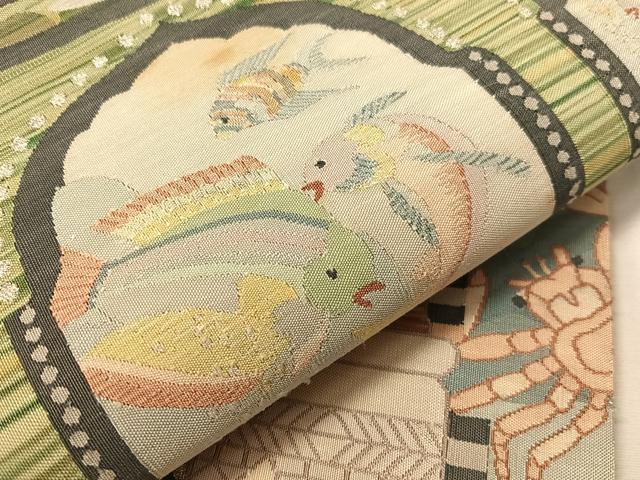 平和屋着物●手織綴れ 山鹿清華 六通柄袋帯 魚 銀糸 正絹 逸品 CABJ0689vp