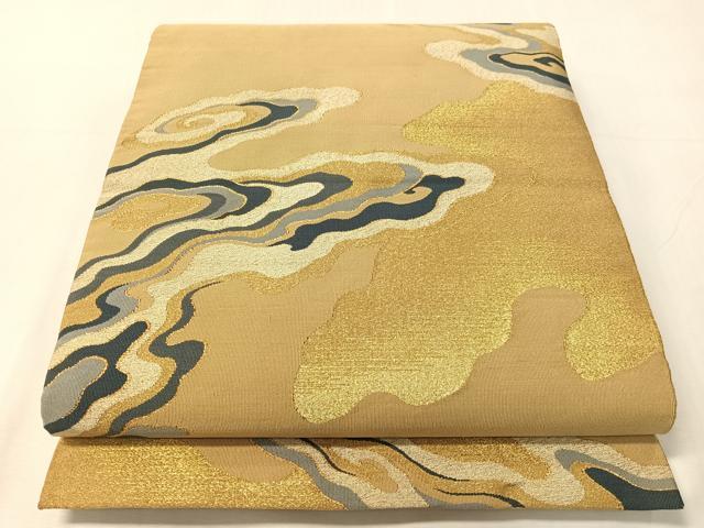 平和屋着物●爪掻き本綴れ 太鼓柄袋帯 霞文様 金糸 正絹 逸品 CABJ0697vp