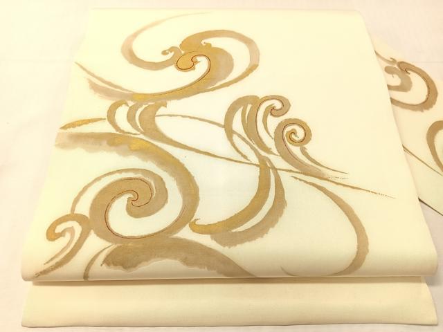 平和屋着物●塩瀬 九寸名古屋帯 立波文 金彩 正絹 逸品 CABJ0703vp