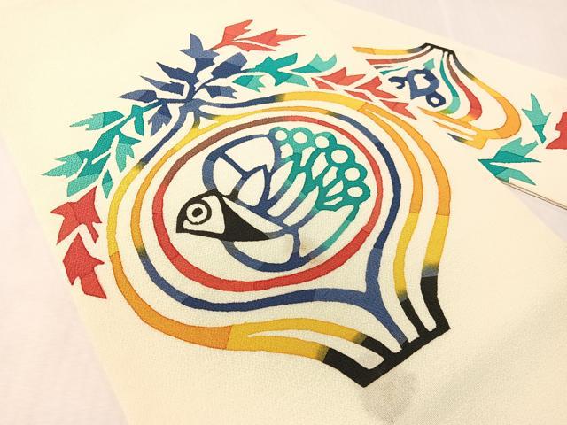 平和屋着物●皆川泰蔵 染色家 九寸名古屋帯 型染め 飛鳥文 鬼しぼ縮緬 正絹 逸品 CABJ0722vp