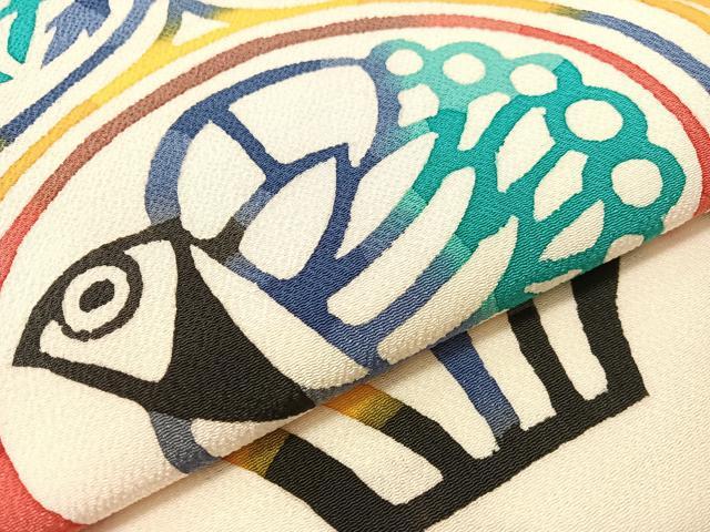 平和屋着物●皆川泰蔵 染色家 九寸名古屋帯 型染め 飛鳥文 鬼しぼ縮緬 正絹 逸品 CABJ0722vp