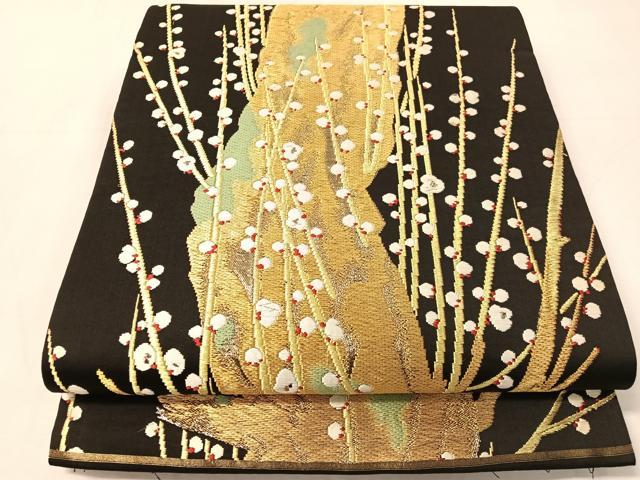 平和屋着物●全通柄袋帯 唐織 槍梅 黒地 金糸 正絹 逸品 CABJ0735vp