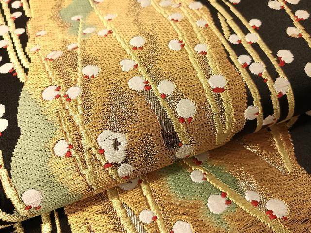 平和屋着物●全通柄袋帯 唐織 槍梅 黒地 金糸 正絹 逸品 CABJ0735vp
