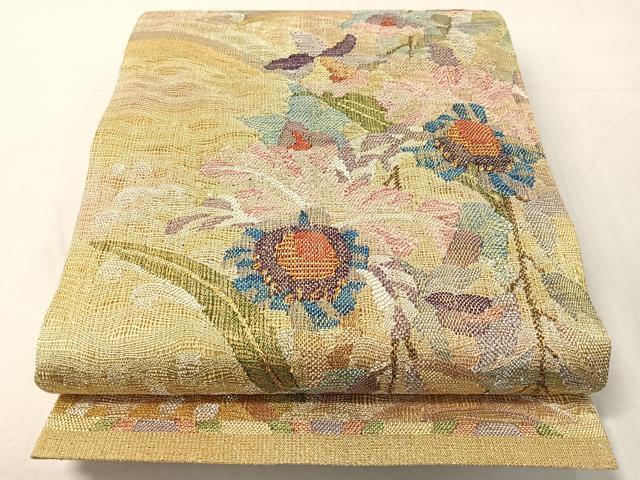 平和屋着物▽六通柄袋帯 スリーシーズン 春夏秋 櫛織 草花文 金銀糸 正絹 逸品 未使用 CABJ0736vp