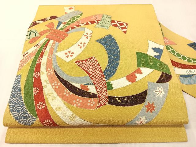 平和屋着物●九寸名古屋帯 束ね熨斗文 金彩 鬼しぼ縮緬 正絹 逸品 CABJ0743vp