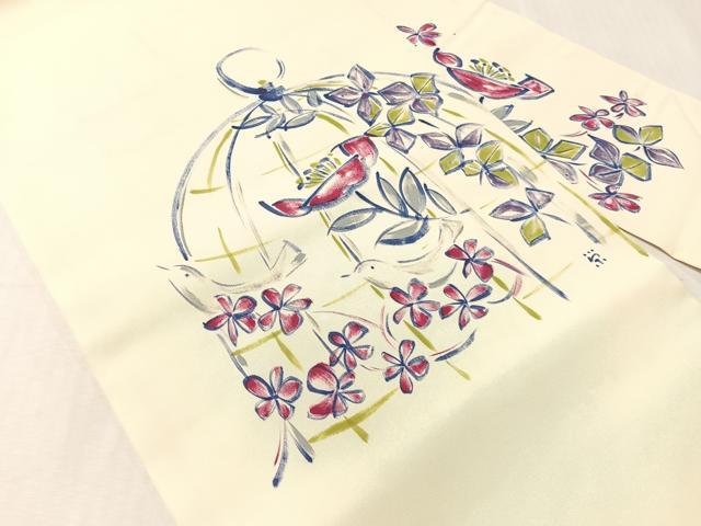 平和屋着物●塩瀬 九寸名古屋帯 作家物 手描き 鳥籠花文 正絹 逸品 CABJ0744vp