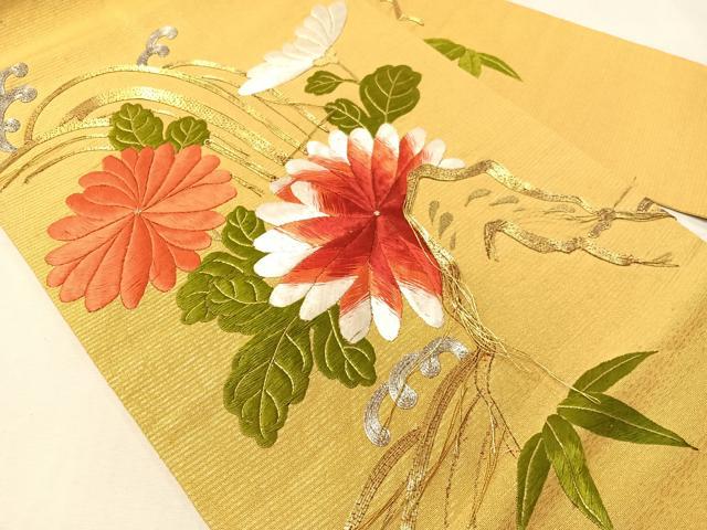 平和屋着物●アンティーク 大正ロマン 総刺繍 手刺繍 駒刺繍 九寸名古屋帯 立波菊文 金銀糸 正絹 逸品 CABJ0755vp