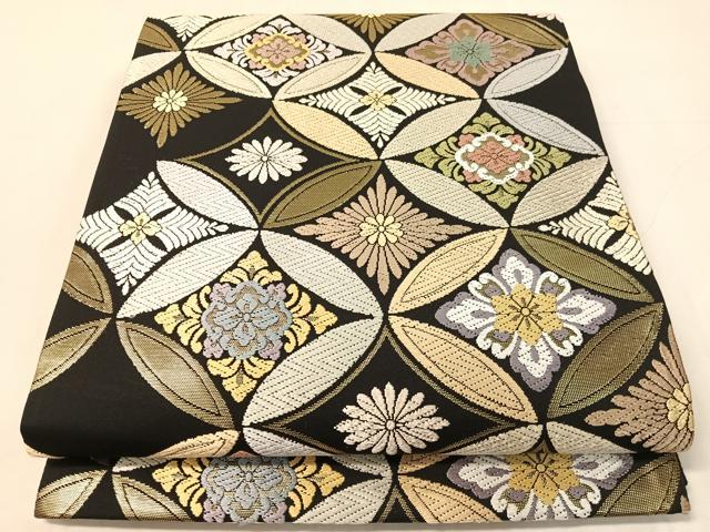 平和屋着物●六通柄袋帯 唐織 七宝花文 黒地 金糸 正絹 逸品 未使用 CABJ0763vp