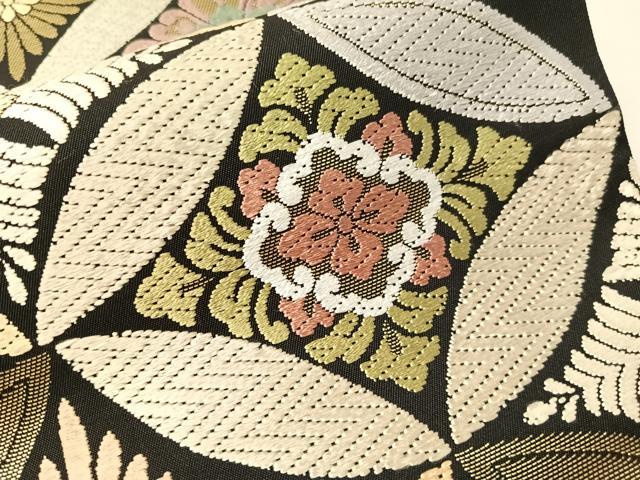 平和屋着物●六通柄袋帯 唐織 七宝花文 黒地 金糸 正絹 逸品 未使用 CABJ0763vp