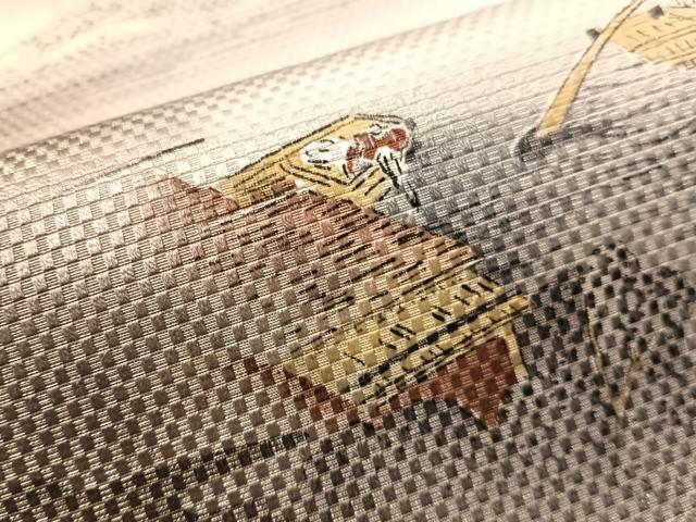 平和屋着物●九寸名古屋帯 手描き 人物風景文 金通し地 正絹 逸品 CABJ0766vp