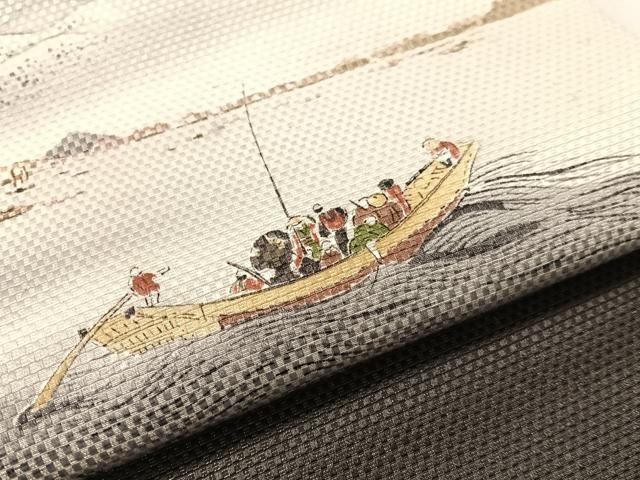 平和屋着物●九寸名古屋帯 手描き 人物風景文 金通し地 正絹 逸品 CABJ0766vp