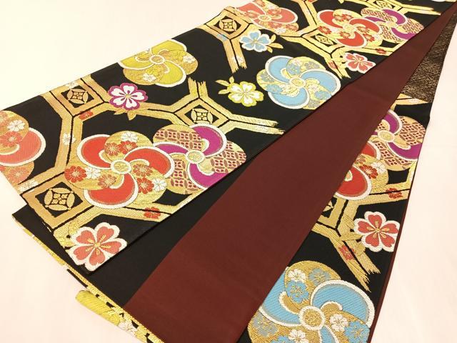 平和屋着物●六通柄袋帯 蜀江花文 黒地 金糸 正絹 逸品 CABJ0778vp