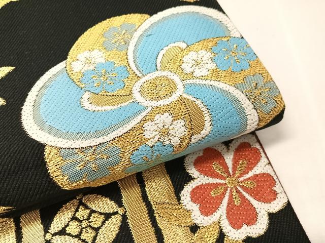 平和屋着物●六通柄袋帯 蜀江花文 黒地 金糸 正絹 逸品 CABJ0778vp