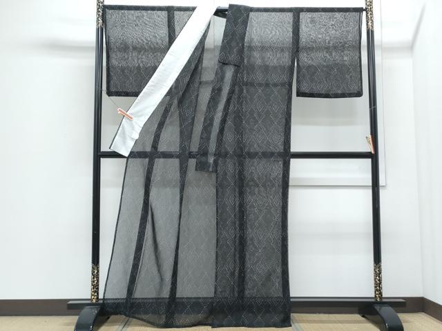 平和屋着物*夏物 小紋 紗 菱間道 黒地 洗える着物 CABJ0816th