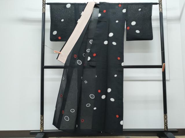平和屋着物*夏物 小紋 紗 あられ 黒地 正絹 逸品 CABJ0902th