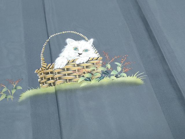 平和屋着物*夏物 訪問着 絽 手描き 猫 カゴ 草花文 正絹 逸品 CABJ0931th