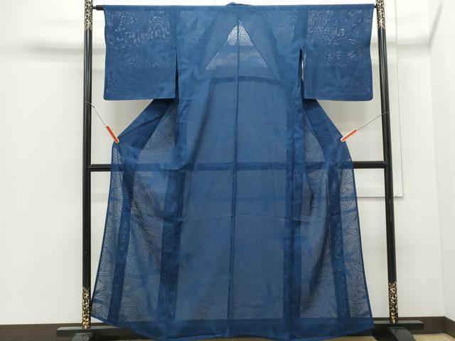 平和屋着物*夏物 色無地 笹紋紗 青藍色 正絹 逸品 CABJ0949th
