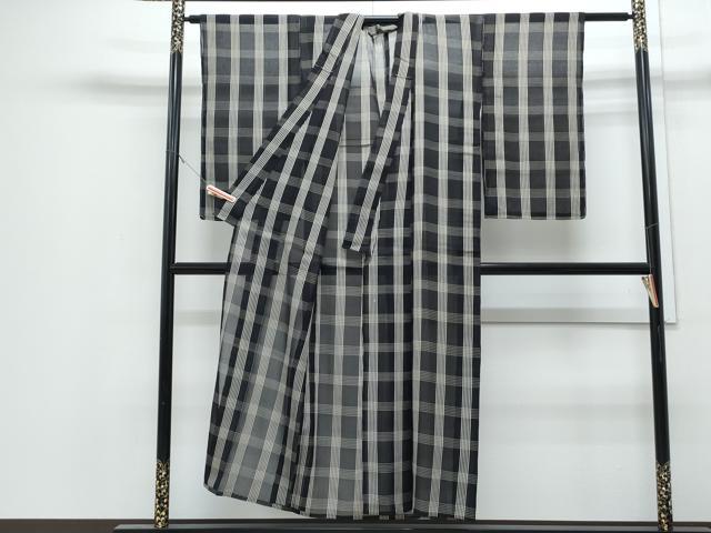 平和屋着物*夏物 お召 紗 格子文 黒地 正絹 逸品 CABJ0953th