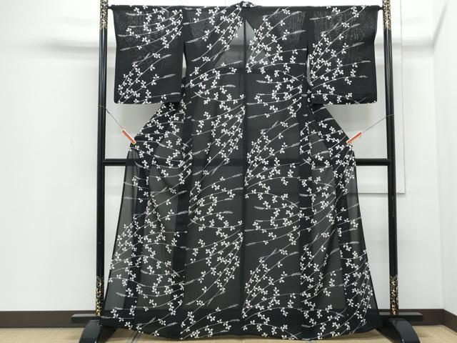 平和屋着物*夏物 小紋 絽 枝葉文 黒地 正絹 逸品 CABJ0995th