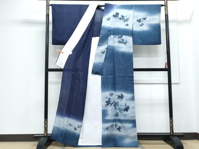 平和屋着物*夏物 訪問着 生紬 紗 作家物 手描き 葡萄蔦の葉文 暈し染め 正絹 逸品 CABJ1043th