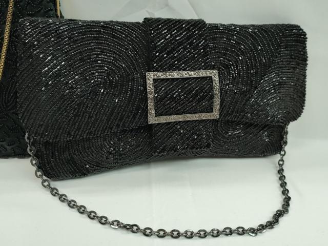 平和屋着物▼和装小物 和装バッグ チェーンバッグまとめて3点 ビーズ刺繍 花 黒 逸品 CABJ1233ju