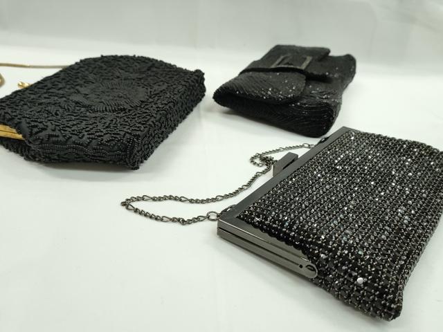 平和屋着物▼和装小物 和装バッグ チェーンバッグまとめて3点 ビーズ刺繍 花 黒 逸品 CABJ1233ju