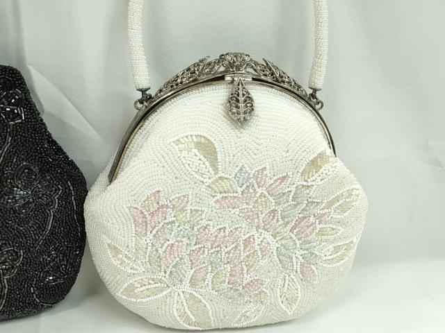 平和屋着物▼和装小物 和装バッグ ビーズバッグまとめて2点 総ビーズ 草花文 白 逸品 CABJ1237ju