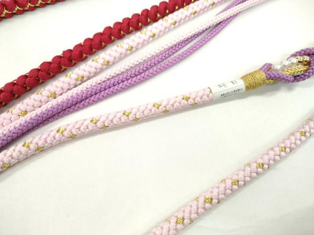平和屋着物▼和装小物 帯締め3本セット 振袖用 飾り付き パール 撫子色 濃紅 ルビー色 金糸 逸品 未使用 CABJ1253ju