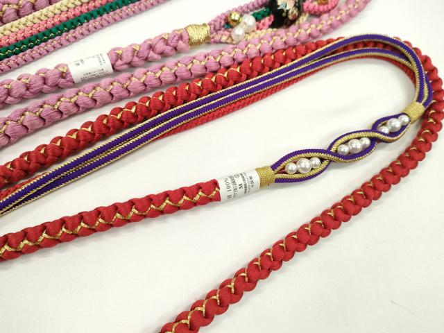 平和屋着物▼和装小物 帯締め3本セット 振袖用 飾り付き 飾り玉 パール 赤紫 緋色 躑躅色 金糸 逸品 未使用 CABJ1256ju